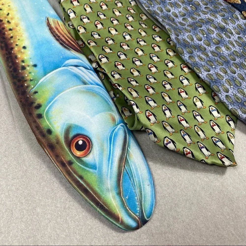 Set of Novelty Ties Tabasco Fish Beetles Penguins